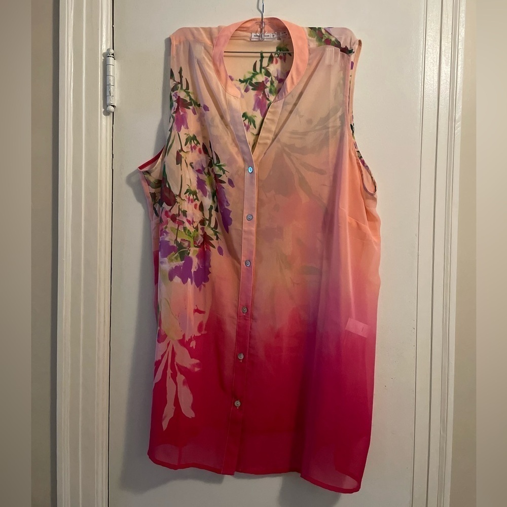 Susan Graver Floral Chiffon Sheer Sleeveless Button Front Top Size 22W